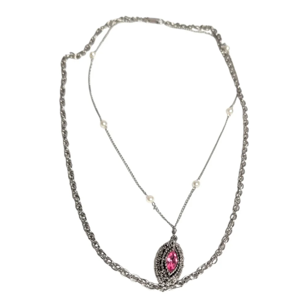 Vintage Style Layered Necklace Pink Rhinestone Marquise Pendant‎ Pearl Accents - Picture 2 of 9